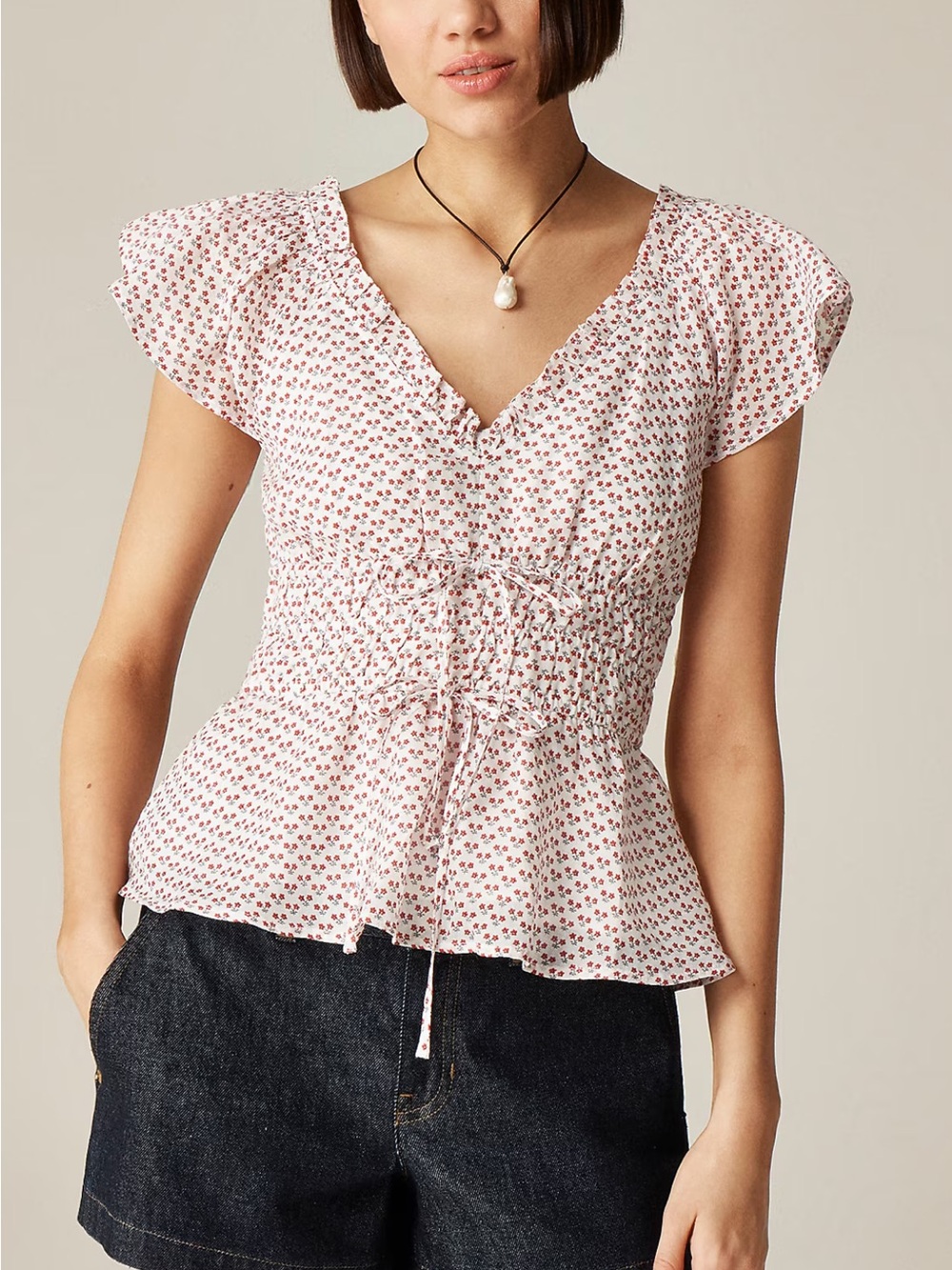J.Crew Palermo Top V-Neck Flutter Sleeve Red Floral Print
